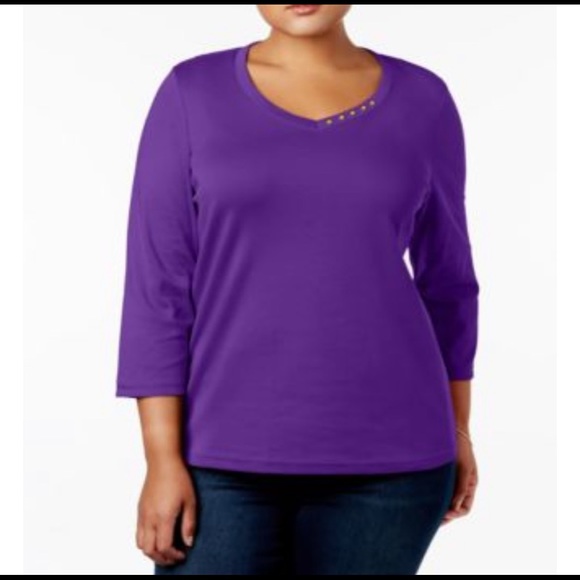 Karen Scott Tops - Deep Purple Cotton V-Neck 3/4 Sleeve Top Plus Size 1X